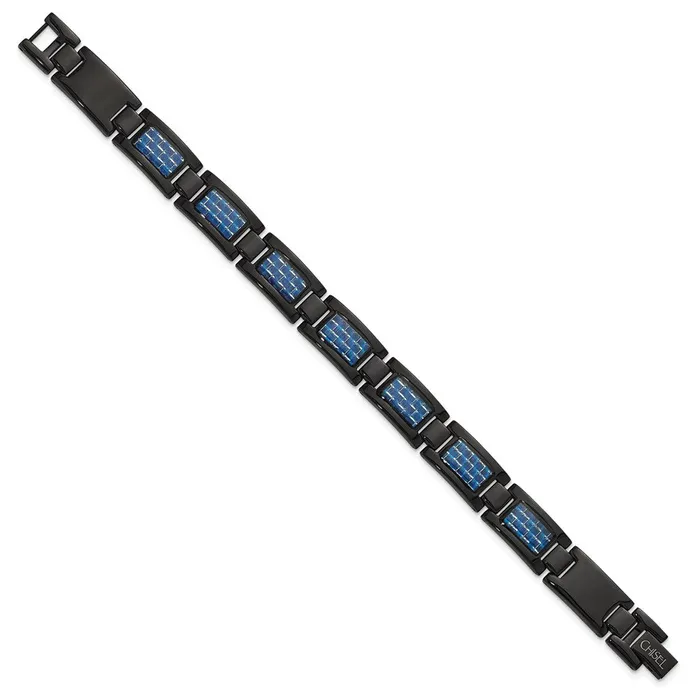 TreasureFineJewelers Bracelets Chisel Stainless Steel Polished Black IPplated with Blue Carbon Fiber Inlay 825 inch Link Bracelet