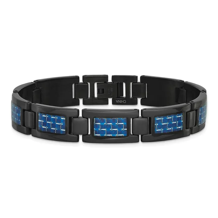 TreasureFineJewelers Bracelets Chisel Stainless Steel Polished Black IPplated with Blue Carbon Fiber Inlay 825 inch Link Bracelet