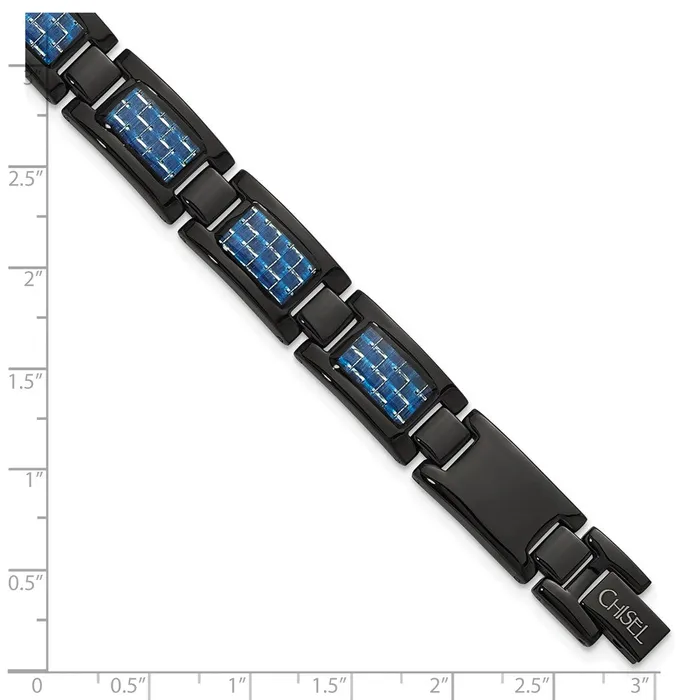 TreasureFineJewelers Bracelets Chisel Stainless Steel Polished Black IPplated with Blue Carbon Fiber Inlay 825 inch Link Bracelet