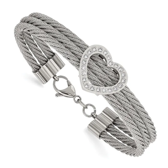 TreasureFineJewelers Bracelets Chisel Stainless Steel Polished wire with CZ Heart 75 inch Bracelet TreasureFineJewelers Bracelets Chisel Stainless Steel Polished wire with CZ Heart 75 inch Bracelet
