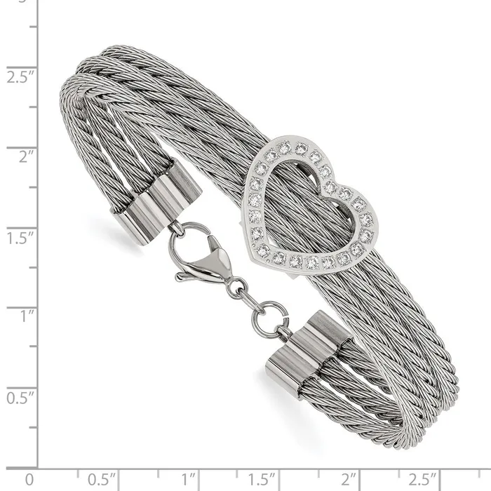 TreasureFineJewelers Bracelets Chisel Stainless Steel Polished wire with CZ Heart 75 inch Bracelet