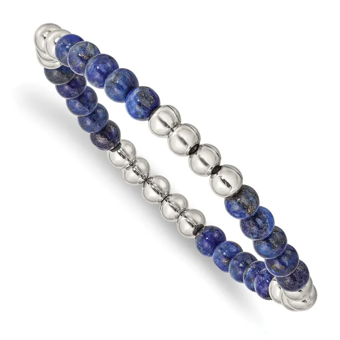 TreasureFineJewelers Bracelets Stainless Steel Polished Lapis Beaded Stretch Bracelet TreasureFineJewelers Bracelets Stainless Steel Polished Lapis Beaded Stretch Bracelet