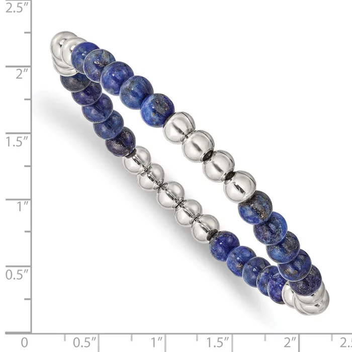TreasureFineJewelers Bracelets Stainless Steel Polished Lapis Beaded Stretch Bracelet