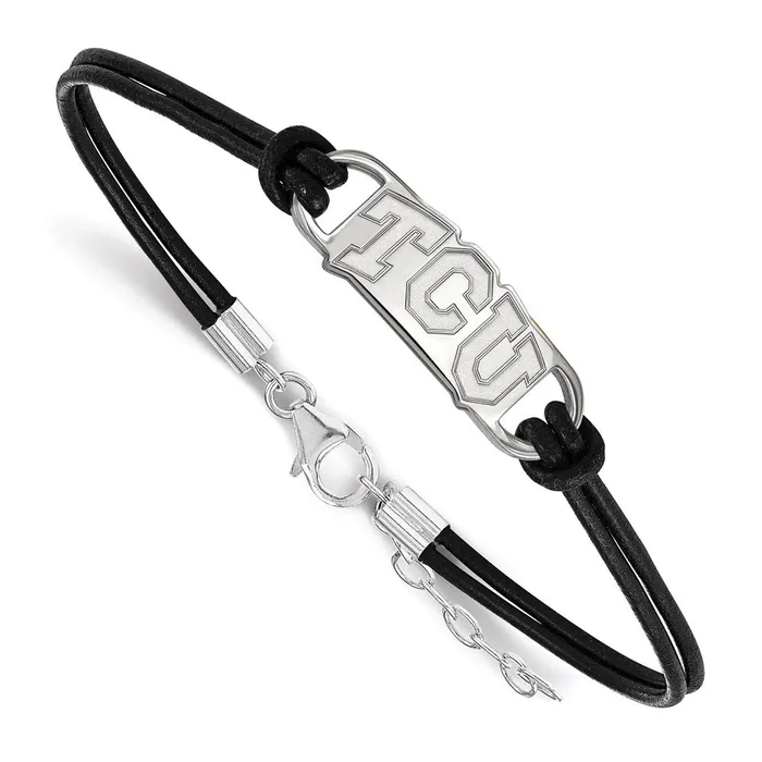 TreasureFineJewelers Bracelets Sterling Silver Rhodiumplated Texas Christian University TCU Small Center Black Leather 7 inch Bracelet with Extender TreasureFineJewelers Bracelets Sterling Silver Rhodiumplated Texas Christian University TCU Small Center Black Leather 7 inch Bracelet with Extender