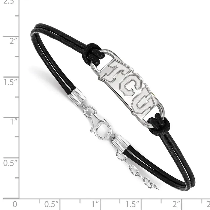 TreasureFineJewelers Bracelets Sterling Silver Rhodiumplated Texas Christian University TCU Small Center Black Leather 7 inch Bracelet with Extender