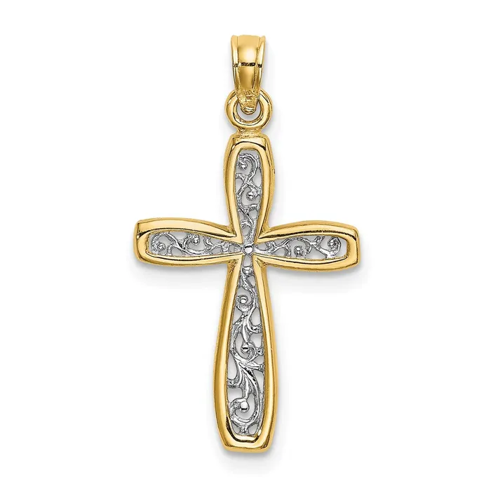 TreasureFineJewelers Charm Necklaces 14k w Rhodium Filigree Cross Charm