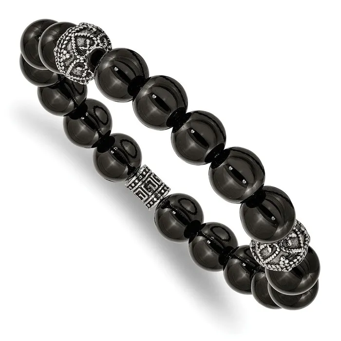 TreasureFineJewelers Chisel Stainless Steel Antiqued and Polished 10mm Black Agate Beaded Stretch Bracelet Bracelets TreasureFineJewelers Chisel Stainless Steel Antiqued and Polished 10mm Black Agate Beaded Stretch Bracelet Bracelets
