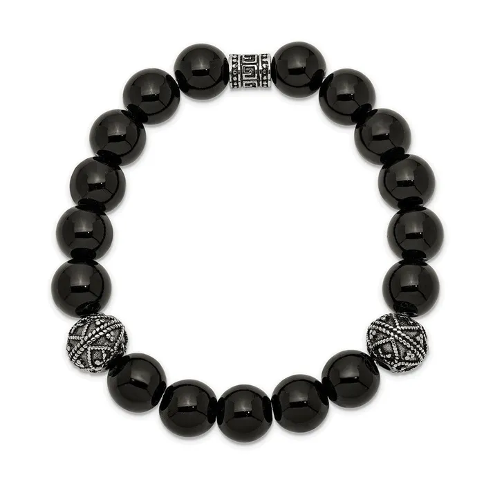 TreasureFineJewelers Chisel Stainless Steel Antiqued and Polished 10mm Black Agate Beaded Stretch Bracelet Bracelets