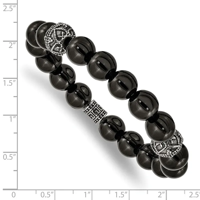 TreasureFineJewelers Chisel Stainless Steel Antiqued and Polished 10mm Black Agate Beaded Stretch Bracelet Bracelets