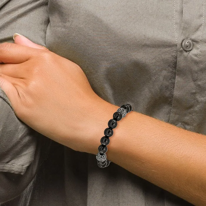 TreasureFineJewelers Chisel Stainless Steel Antiqued and Polished 10mm Black Agate Beaded Stretch Bracelet Bracelets