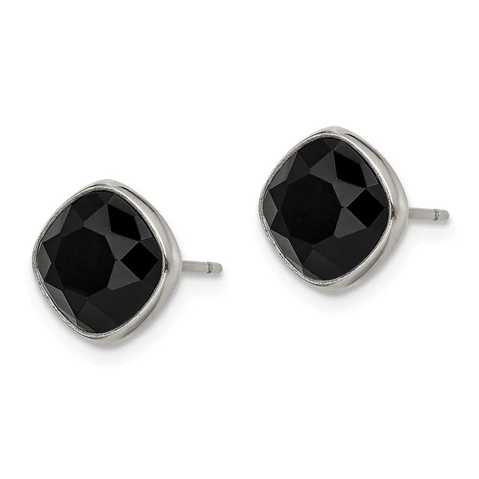 TreasureFineJewelers Earrings Titanium Polished Faceted Black Crystal Post Earrings