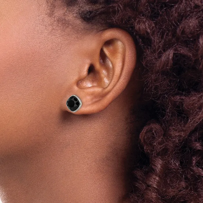 TreasureFineJewelers Earrings Titanium Polished Faceted Black Crystal Post Earrings