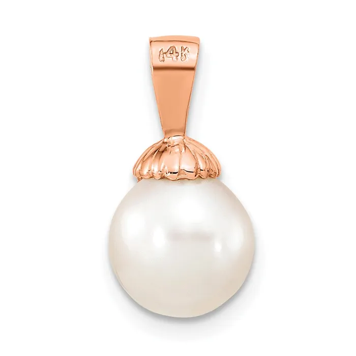 TreasureFineJewelers Necklaces 14K Rose Gold 89mm White Round Freshwater Cultured Pearl Pendant