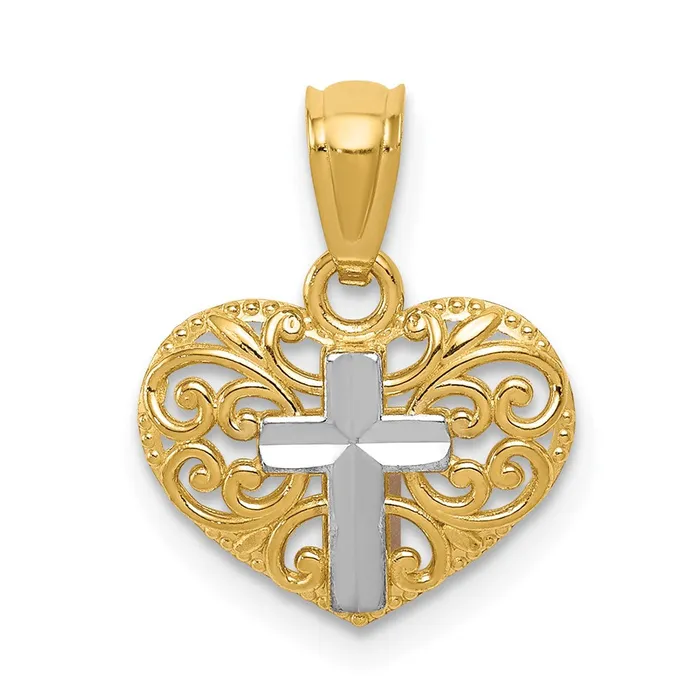 TreasureFineJewelers Necklaces 14k wRhodium Cross in Heart Pendant
