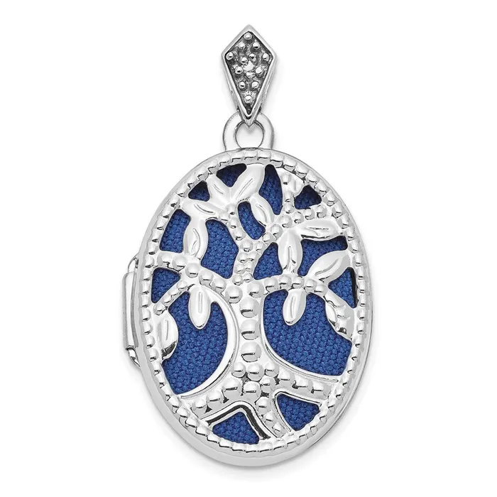 TreasureFineJewelers Necklaces 14K White Gold Diamond Tree 23mm Blue Fabric Locket Pendant TreasureFineJewelers Necklaces 14K White Gold Diamond Tree 23mm Blue Fabric Locket Pendant