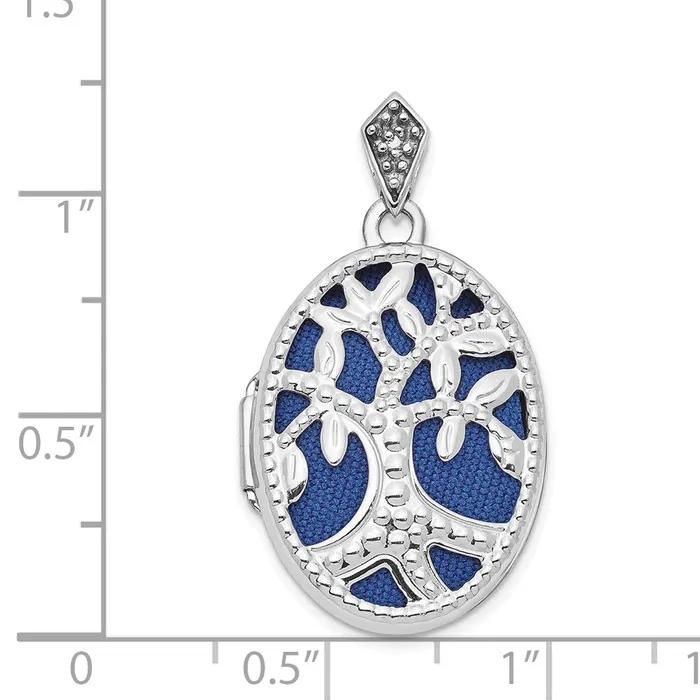 TreasureFineJewelers Necklaces 14K White Gold Diamond Tree 23mm Blue Fabric Locket Pendant