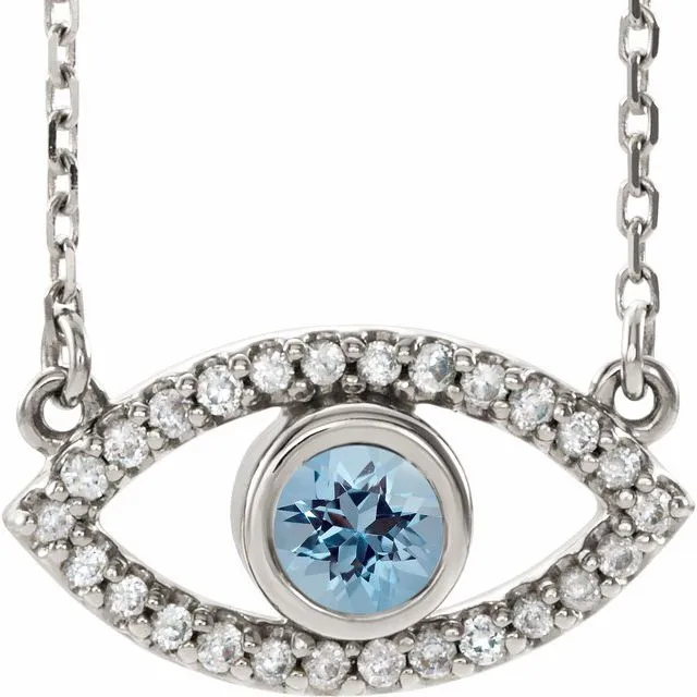 TreasureFineJewelers Necklaces 14K White Gold Natural Aquamarine Natural White Gold Sapphire Evil Eye 16 Necklace