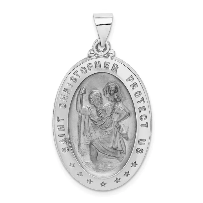 TreasureFineJewelers Necklaces 14k White Gold PolishedSatin St Christopher Medal Hollow Pendant TreasureFineJewelers Necklaces 14k White Gold PolishedSatin St Christopher Medal Hollow Pendant