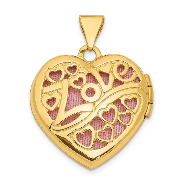TreasureFineJewelers Necklaces 14k Yellow Gold Hearts w LOVE 19mm Reversible Heart Locket Pendant