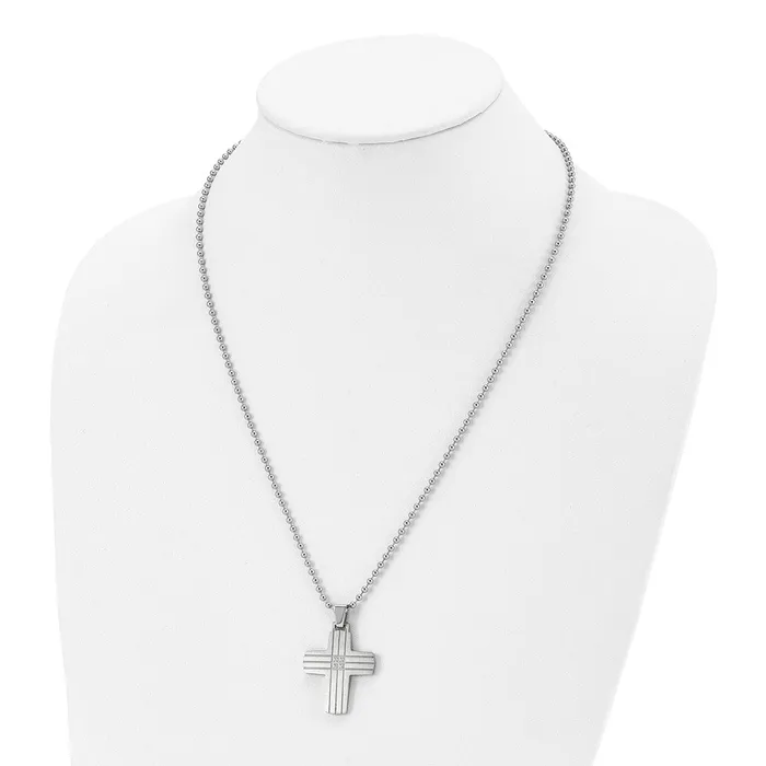 TreasureFineJewelers Necklaces Chisel Stainless Steel Brushed and Polished with CZ Grooved Cross Pendant on a 22 inch Ball Chain Necklace