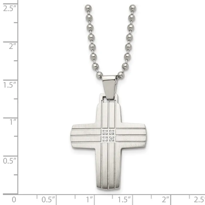 TreasureFineJewelers Necklaces Chisel Stainless Steel Brushed and Polished with CZ Grooved Cross Pendant on a 22 inch Ball Chain Necklace