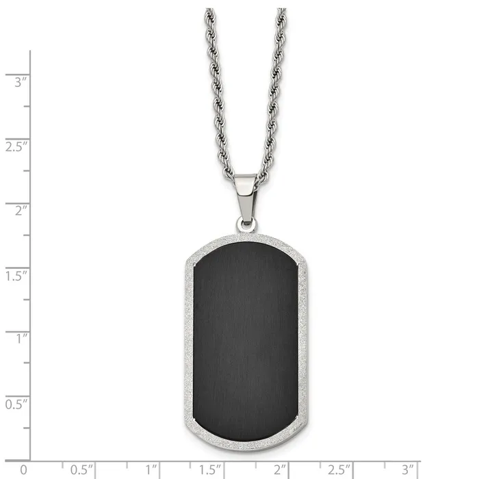 TreasureFineJewelers Necklaces Chisel Stainless Steel Polished Blackplated Laser Cut Edge Dog Tag on a 24 inch Rope Chain Necklace