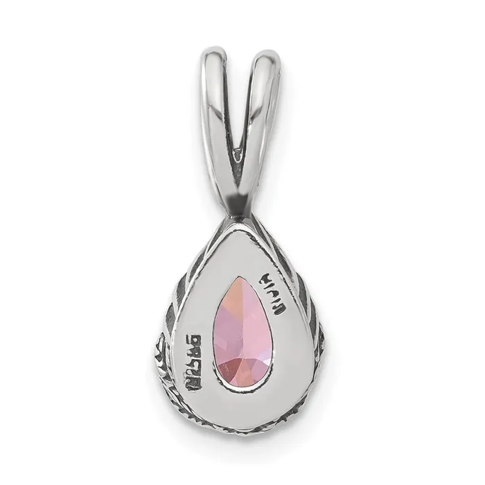 TreasureFineJewelers Necklaces Sterling Silver Antiqued Pink Teardrop CZ Pendant