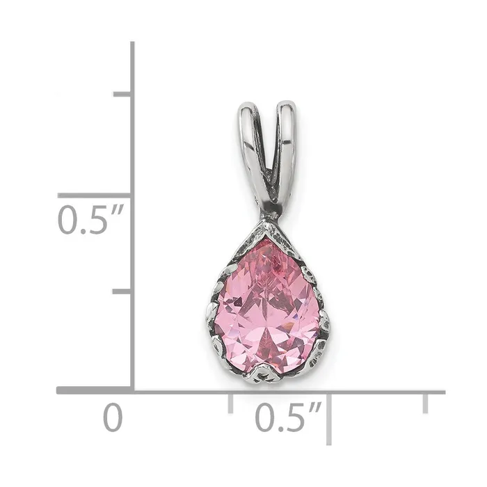 TreasureFineJewelers Necklaces Sterling Silver Antiqued Pink Teardrop CZ Pendant