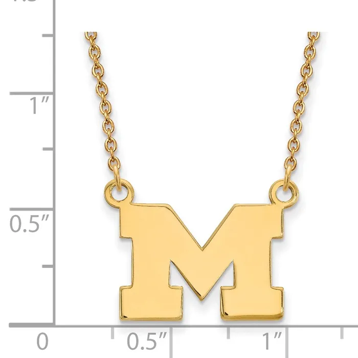 TreasureFineJewelers Necklaces Sterling Silver Goldplated University of Michigan Letter M Small Pendant 18 inch Necklace