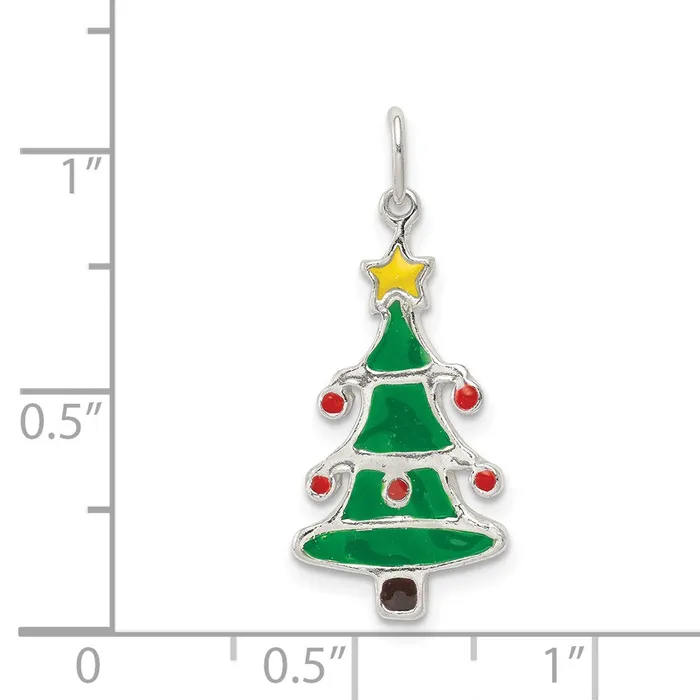 TreasureFineJewelers Necklaces Sterling Silver Polished Enamel Christmas Tree Pendant
