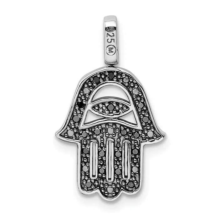 TreasureFineJewelers Necklaces Sterling Silver Rhodium 02ct Blk Wht Dia Reverible Hamsa Pendant