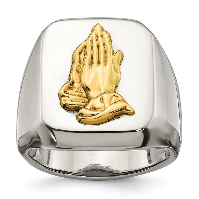 TreasureFineJewelers Rings Stainless Steel w14k Accent Polished Praying Hands Ring TreasureFineJewelers Rings Stainless Steel w14k Accent Polished Praying Hands Ring