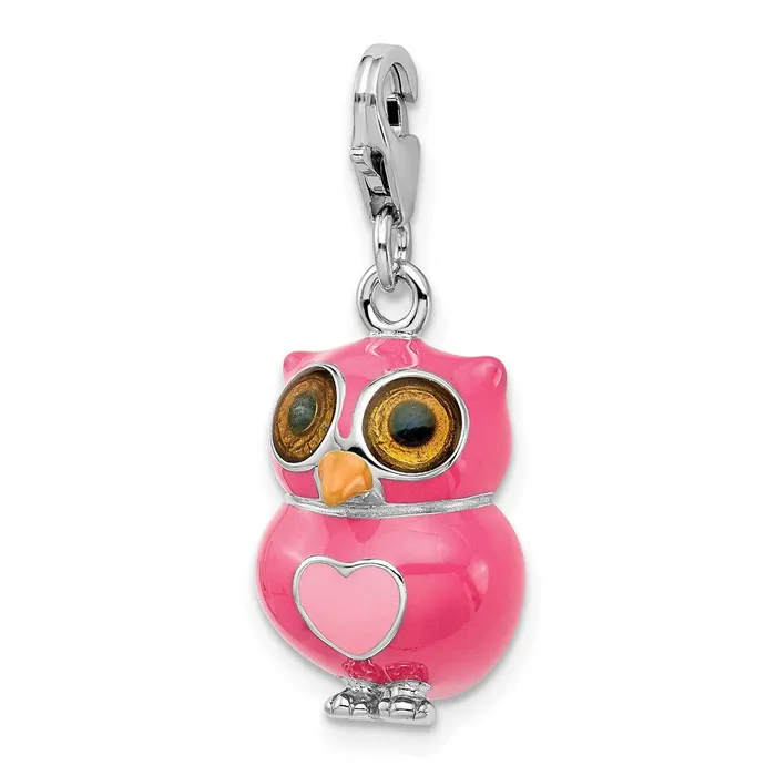 TreasureFineJewelers Sterling Silver Amore La Vita Rhodpl Pink Enameled 3D Heart Owl Charm Rings