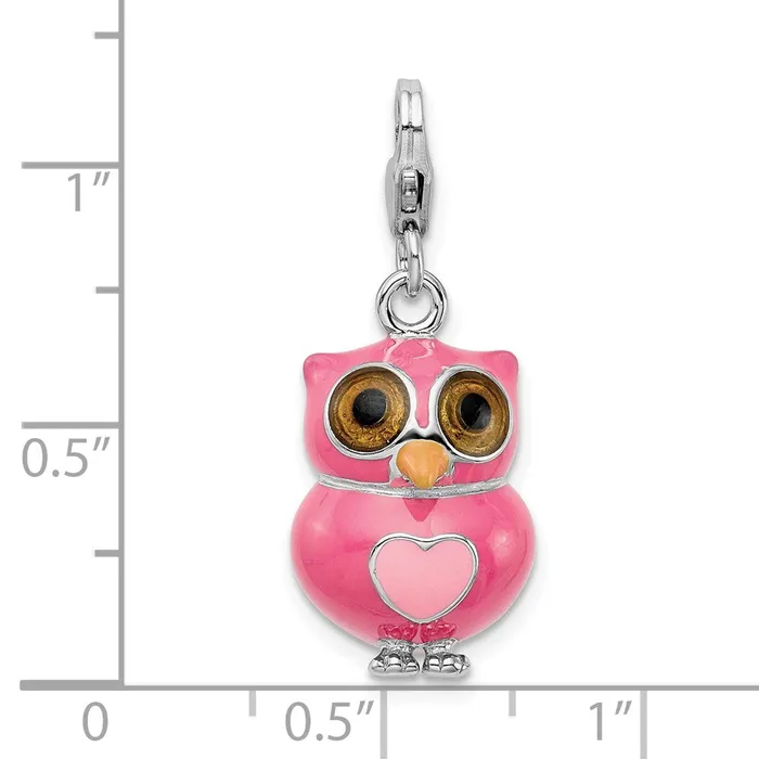 TreasureFineJewelers Sterling Silver Amore La Vita Rhodpl Pink Enameled 3D Heart Owl Charm Rings