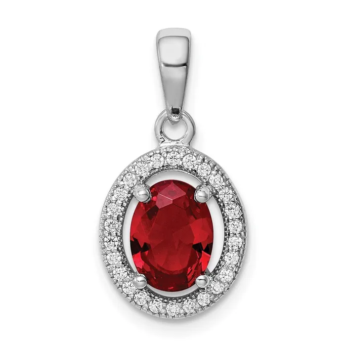TreasureFineJewelers Sterling Silver Rhodplated Red and White CZ Oval Pendant Necklaces TreasureFineJewelers Sterling Silver Rhodplated Red and White CZ Oval Pendant Necklaces