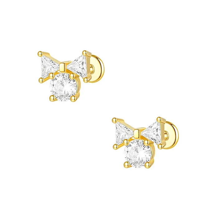 Trendolla Jewelry Earrings 925 Silver Bow CZ Diamond Flat Back Earrings