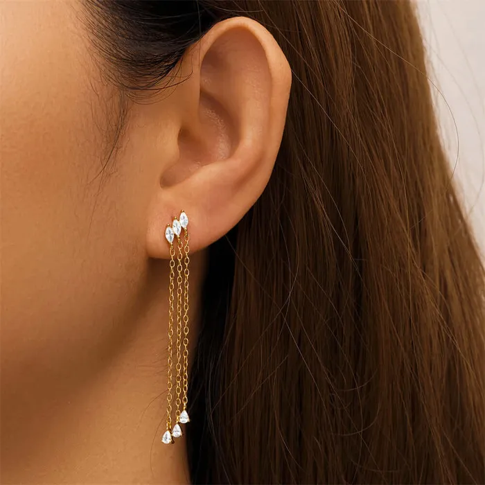 Trendolla Jewelry Earrings 925 Silver Square Tassel CZ Diamond Flat Back Earrings
