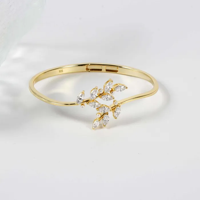 Trendolla Jewelry Leaf Branch Diamond Gold Bracelet Natures Grace Collection Bracelets