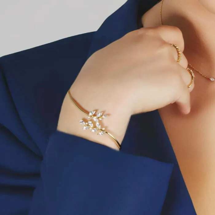 Trendolla Jewelry Leaf Branch Diamond Gold Bracelet Natures Grace Collection Bracelets