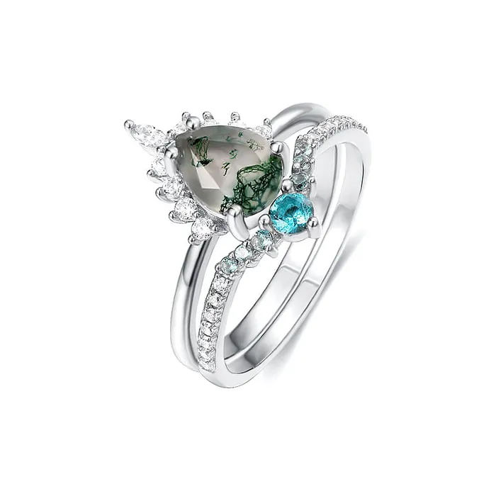 Trendolla Jewelry Pearshaped Moss Agate Stone with Diamonds Ring Rings