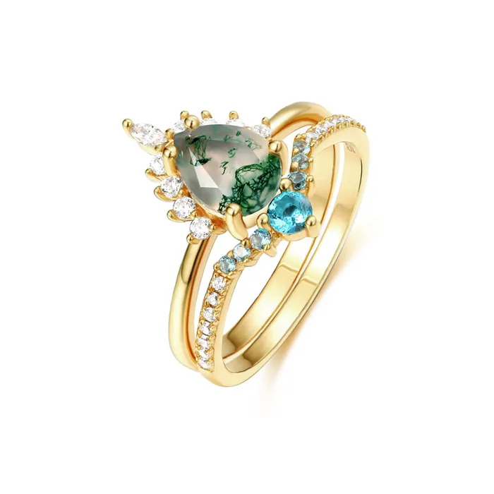 Trendolla Jewelry Pearshaped Moss Agate Stone with Diamonds Ring Rings