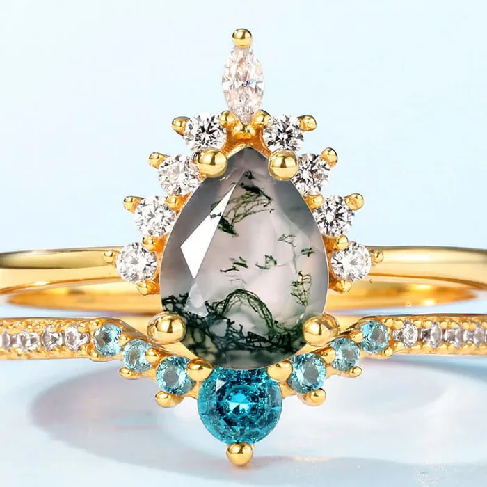 Trendolla Jewelry Pearshaped Moss Agate Stone with Diamonds Ring Rings