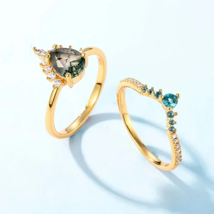 Trendolla Jewelry Pearshaped Moss Agate Stone with Diamonds Ring Rings